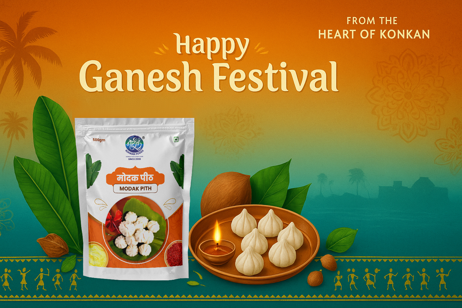 Happy Ganesh Festival greeting with Modak Pith packaging, Modaks, and decorative elements on a gradient background.